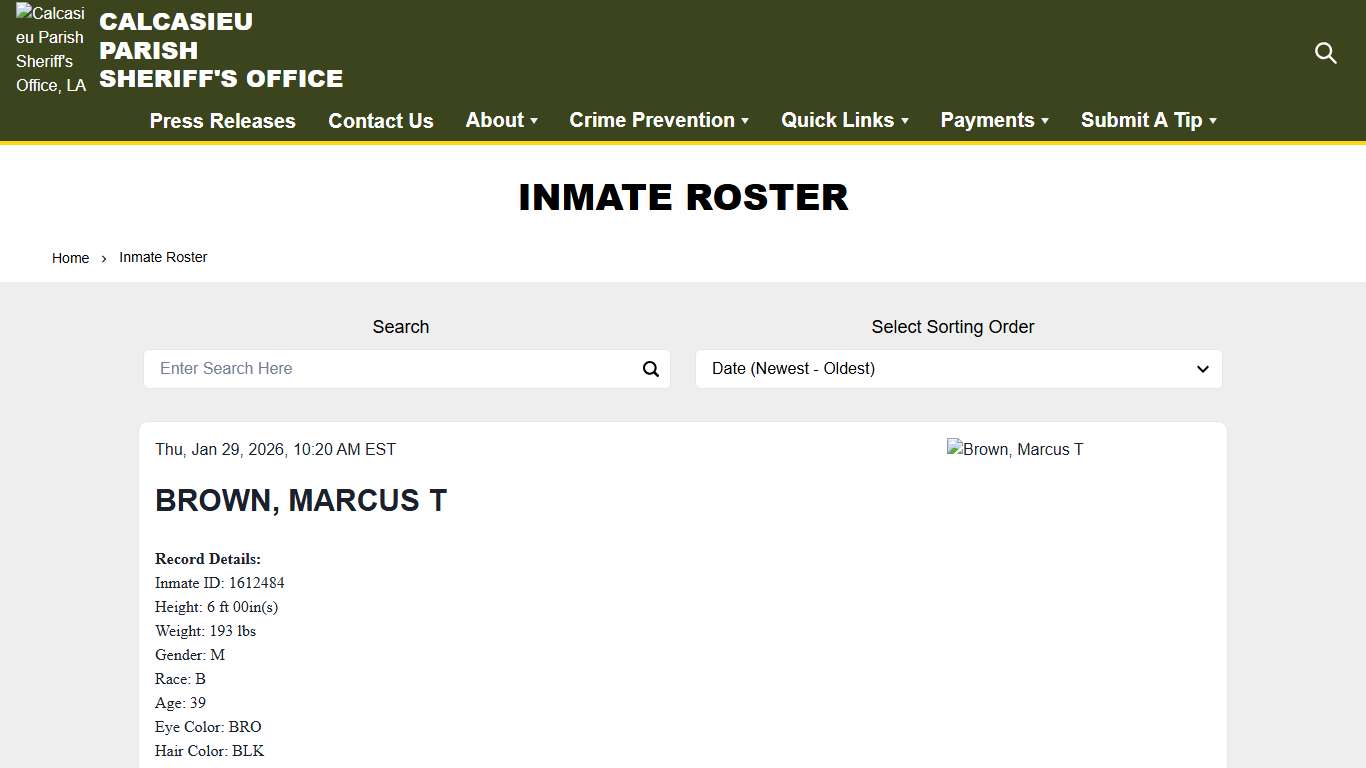 Inmate Roster Calcasieu Parish Sheriff's Office, LA
